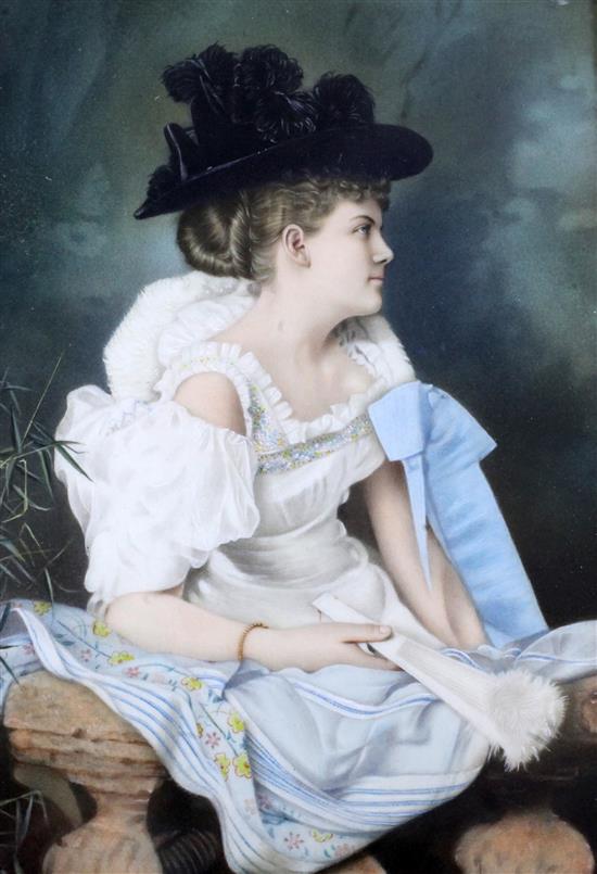 19th Century Continental School Portrait of a lady leaning against a balustrade 6 x 4in.